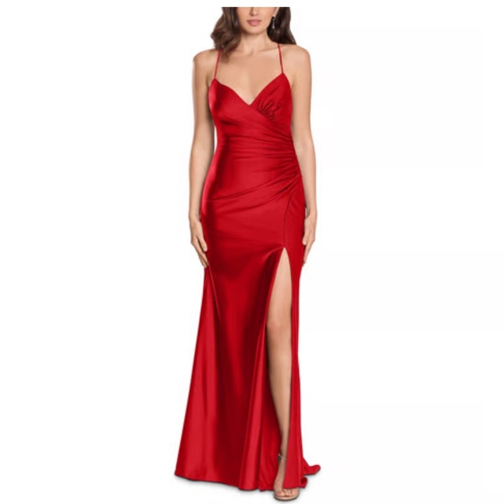 NWT Xscape stretch satin silky ruched high slit fully lined maxi gown size 4